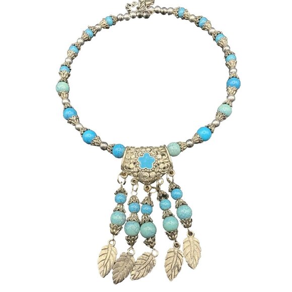 Faux Turquoise Beads Necklace Tibetan Silver Leaves Tribal Lady's Torque 14-17" - Picture 1 of 8